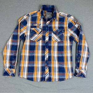 Affliction Blue and Orange Plaid Button Down Shirt